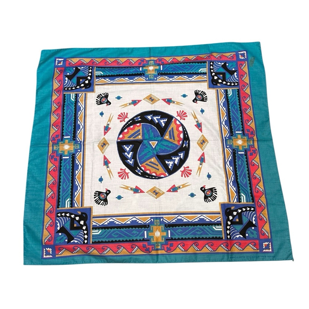 Vintage Wamcraft Teal Southwest Native American Style Bandana Made In USA